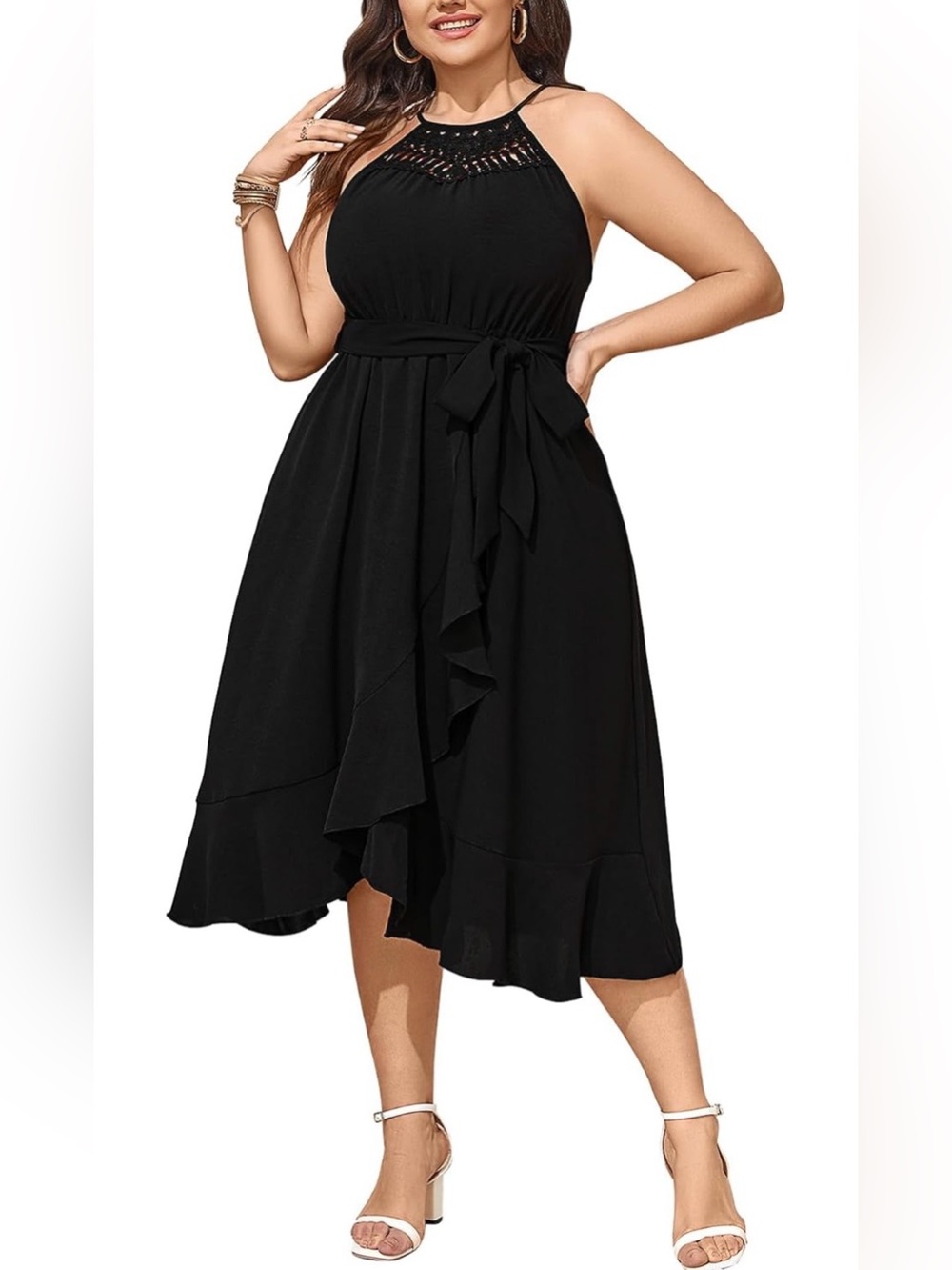 Black Halter Midi Dress with Crochet Neck Detail, Ruffle Hem, and Waist Tie
